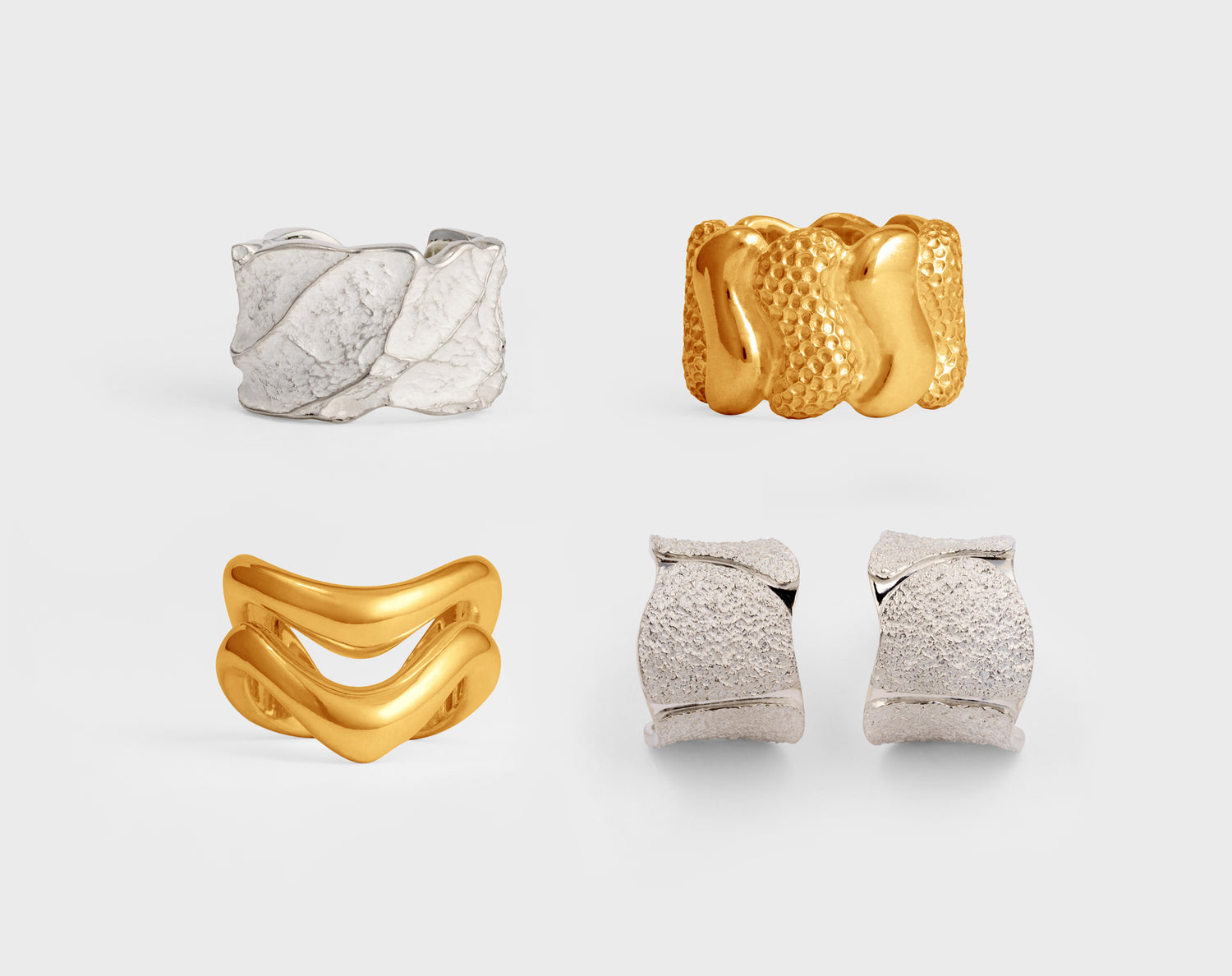 Anillos y pendientes artesanales con acabados dorados y plateados hechos a mano en plata de ley 925